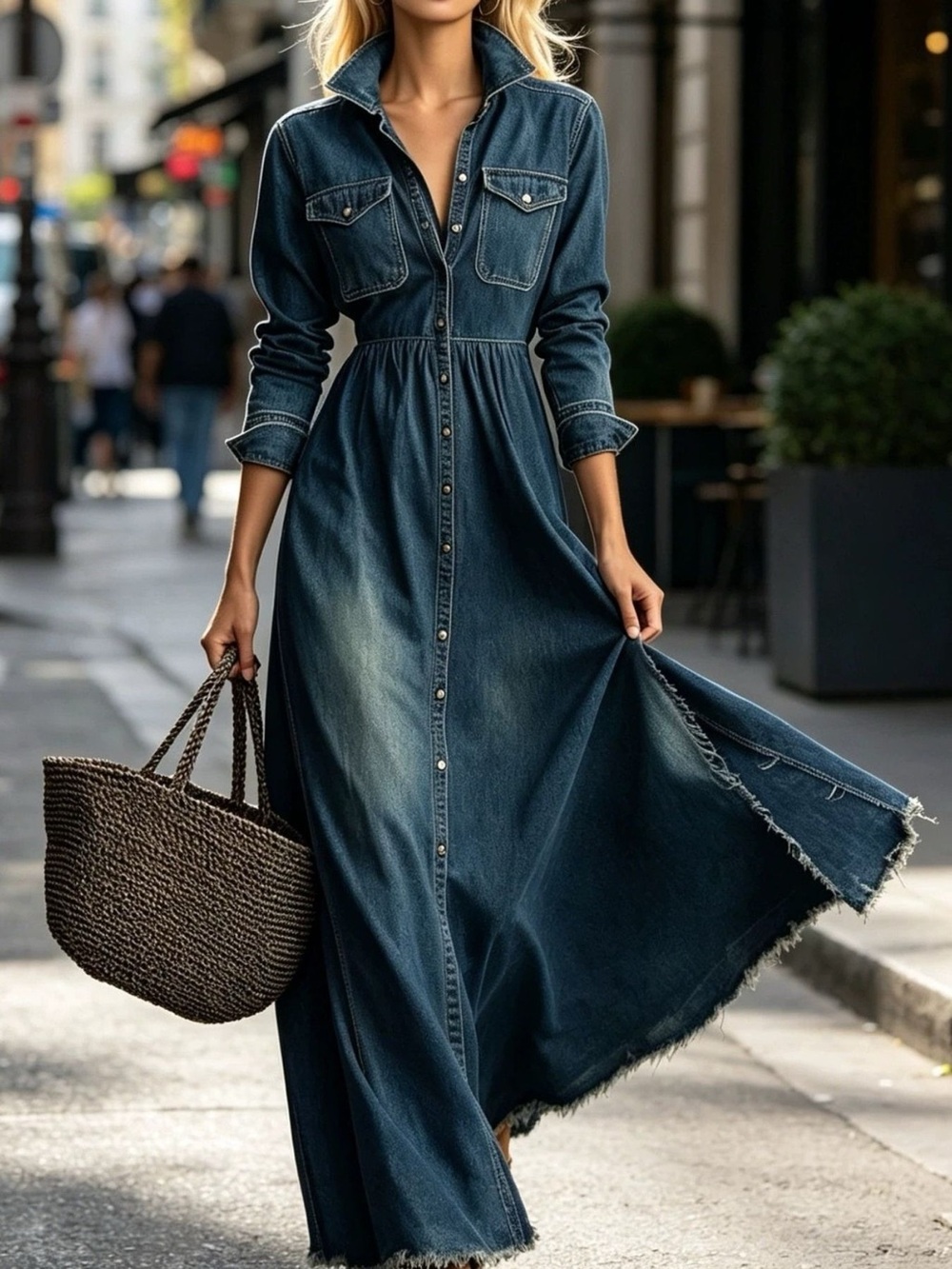 Raw Hem Long-Sleeve Denim Maxi Dress